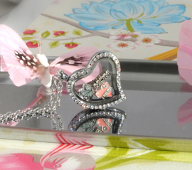 hartvormig locket memory medaillon met steentjes en ketting