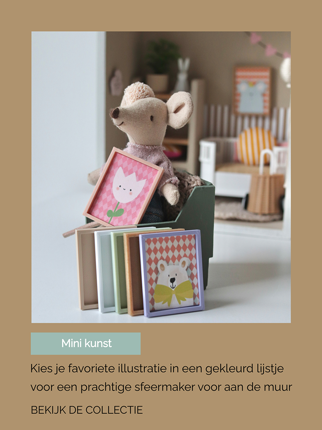 Vrolijke mini schilderijtjes met kleurrijke lijstjes voor een modern poppenhuis