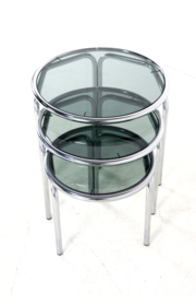 Italiaanse ronde chromen nesting tables met rookglas