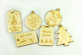 Set van 6 kerstlabels in hout