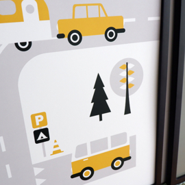 Poster set VW bus dieren kinderkamer - oker olijfgroen