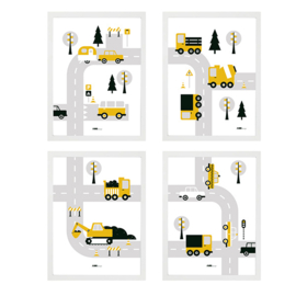 Poster set voertuigen kinderkamer - 4 luik oker geel