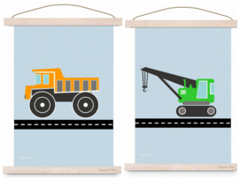 Poster set jongenskamer - kiepwagen + kraanwagen
