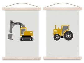 Poster set jongenskamer - graafmachine + tractor oker