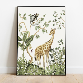 Poster set jungle kinderkamer babykamer - giraffe olifant apen