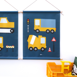 Textielposter met vrachtwagen voertuigen kinderkamer - donkerblauw