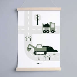 Poster voertuigen graafmachine kinderkamer - olijf groen