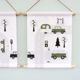 Textielposter caravan voertuigen kinderkamer - olijfgroen