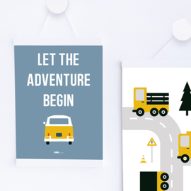 Poster VW bus met tekst Let the adventure begin  -  jeansblauw