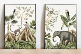 Poster set jungle kinderkamer babykamer - apen en olifant