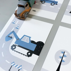 Posterset voertuigen graafmachine  kinderkamer - jeans blauw