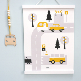 Poster kinderkamer caravan voertuigen - oker geel