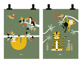 Posterset jungle kinderkamer - tijger + toekan olijfgroen