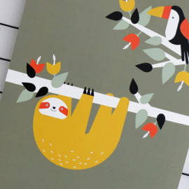Poster jungle kinderkamer luiaard + toekan - olijfgroen