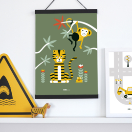 Poster jungle kinderkamer tijger + aap - olijfgroen