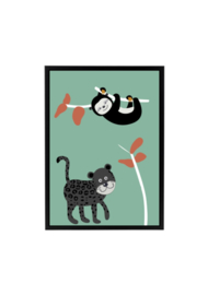 Poster jungle kamer luiaard en panter - grijsgroen