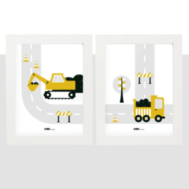 Posterset voertuigen graafmachine  kinderkamer - oker geel