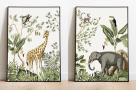 Poster set jungle kinderkamer babykamer - giraffe en olifant