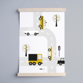 Poster auto voertuigen kinderkamer - oker geel A3