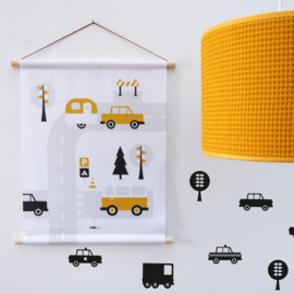 Textielposter caravan voertuigen kinderkamer - oker geel