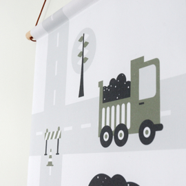 Textielposter graafmachine voertuigen kinderkamer - olijf groen