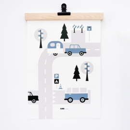Poster set voertuigen kinderkamer - 4 luik jeansblauw