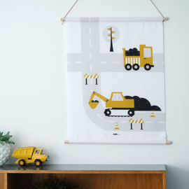 Textielposter graafmachine voertuigen kinderkamer - oker geel