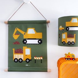 Textielposter graafmachine + kiepwagen voertuigen kinderkamer - olijfgroen