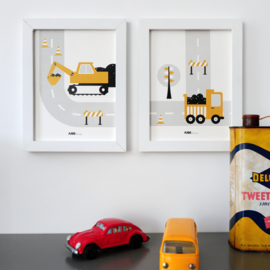 Posterset voertuigen graafmachine  kinderkamer - oker geel
