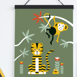 Poster jungle kinderkamer tijger + aap - olijfgroen