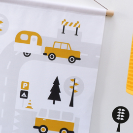 Textielposter caravan voertuigen kinderkamer - oker geel