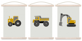 Poster set jongenskamer - kiepwagen + graafmachine + tractor oker