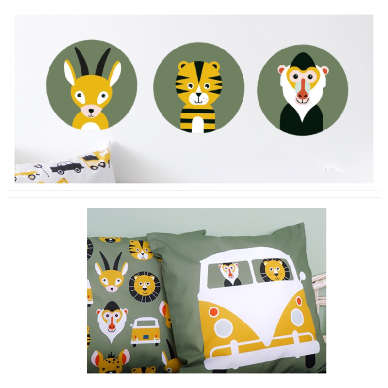 Kinderkamer aankleding en decoratie set - Safari VW bus olijfgroen oker