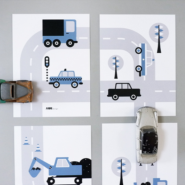 Posterset voertuigen auto  kinderkamer - jeans blauw 15x20 cm