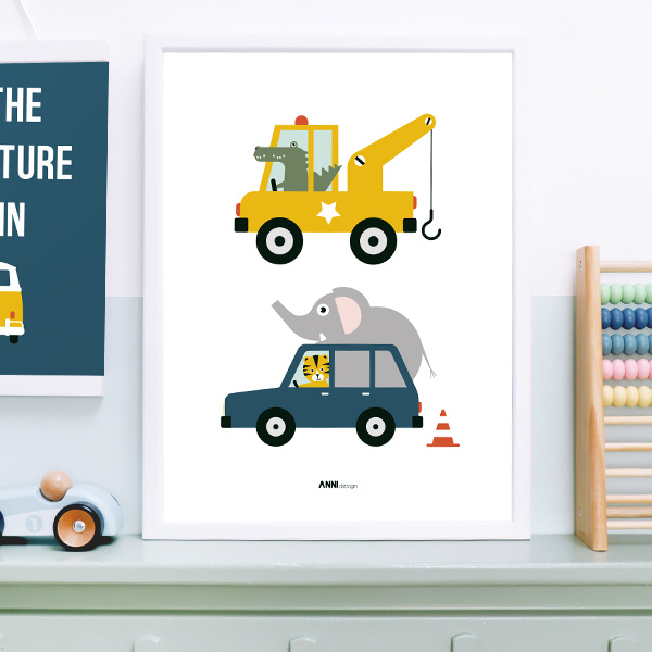 Poster kinderkamer takelwagen auto voertuigen - wit