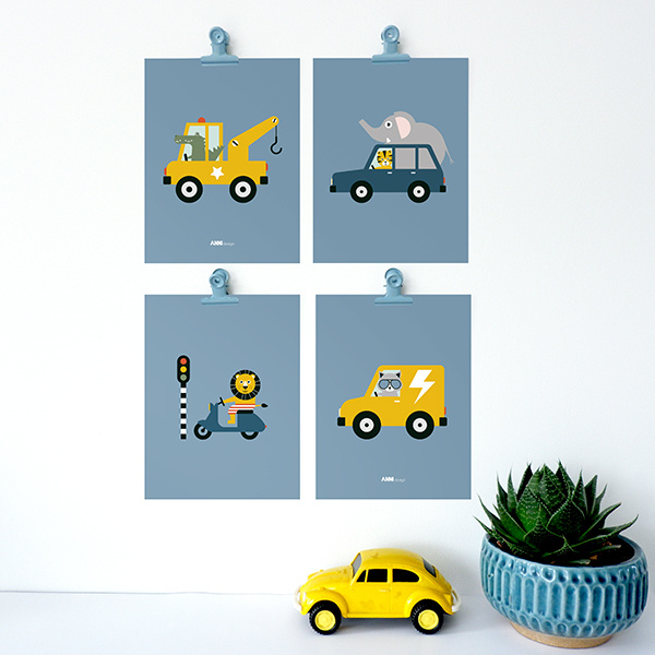 Posterset kinderkamer auto voertuigen met dieren onderweg - jeansblauw