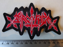 SARCOFAGO - RED/WHITE NAME LOGO ( SHAPED )