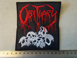 OBITUARY - RED NAME LOGO + SKULLS ( BLACK BORDER )