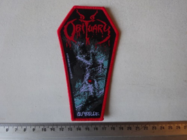 OBITUARY - CAUSE OF DEATH ( COFFIN SHAPED, RED BORDER ) WOVEN