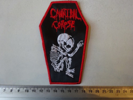 CANNIBAL CORPSE - RED LOGO + FOETUS ( COFFIN SHAPED, RED BORDER )