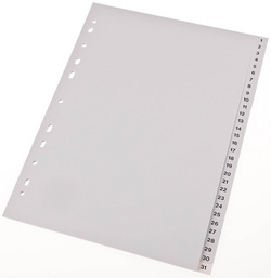Tabblad proOFFICE A4 cijfers PP 120mµ grijs 11 gaats 31  delig