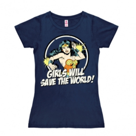 T-Shirt Petite DC - Wonder Woman - Girls Will Save The World - Navy