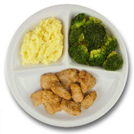 Gebakken kibbeling met vegetarische jus, aardappelpuree, broccoli