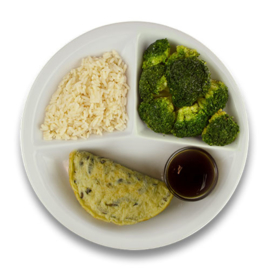 Veg. omelet champignons jus, witte rijst, broccoli