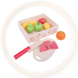 Houten speelgoed snij fruit in kistje