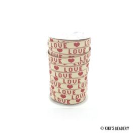 Katoenen lint 10mm Love beige rood