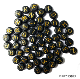 20 gram ca. 175 stuks ronde acryl letterkralen zwart met gouden letters