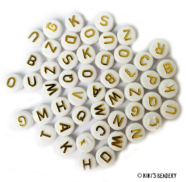 20 gram ca. 70 stuks ronde acryl letterkralen wit met gouden letters