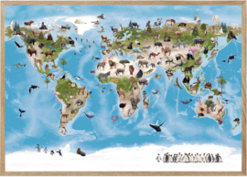 Wereldkaart met dieren - Poster - 70 x 50 cm