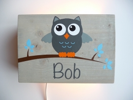 Lamp met naam uil grijs jongen